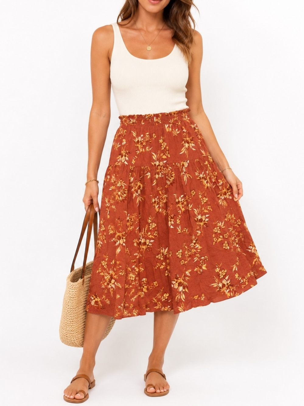Melrose and Market Rust Floral Tiered Midi Skirt with Yellow Accents